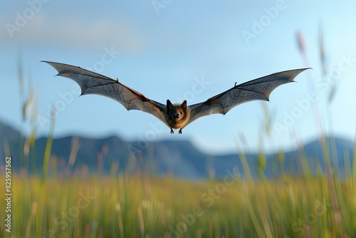 A bat flying over a serene meadow during the day, with a clear blue sky and distant mountains in the background