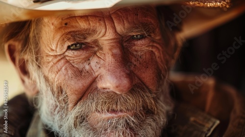 A closeup of a cowboys weathered face with a faint smile as he looks at his old friends with fondness and nostalgia