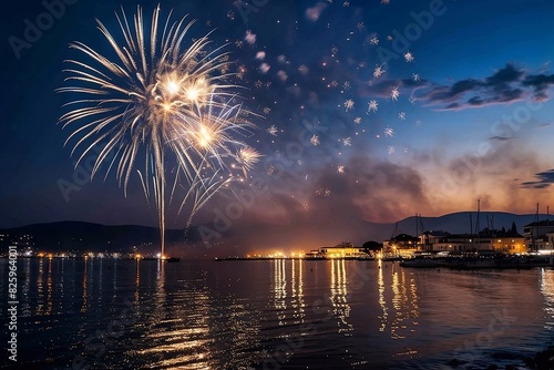 Fireworks over the Seine River in celebration of Bastille Day, with bright lights reflecting in the water, creating an atmosphere of celebration and festive excitement.