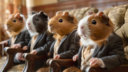 Guinea pigs in business suits, sitting in a line on office chairs, professional setting, job interview atmosphere, detailed expressions