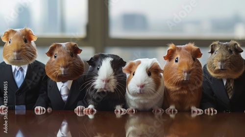 Guinea pigs dressed in formal business attire, seated in a row for an interview, sleek office setting, serious expressions