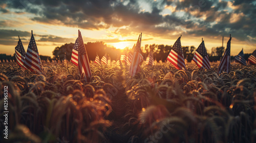 american flag field at sunset memorial day 4th of july labour day independece day