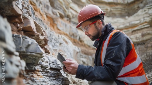 A geologist wearing safety gear closely examines a rock formation in a canyon, taking notes on a tablet during daylight.