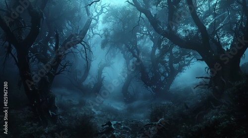 Enigmatic dark forest, warped trees and bioluminescent plants, blue-hued mist, a mix of fantasy and dread