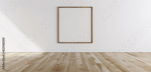 Blank frame in an empty room with a white wall and a beech wood floor. 3D rendered mockup in ultra HD.