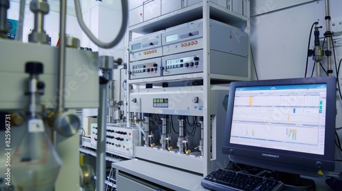 A modern research laboratory features advanced scientific equipment and analytical instruments, including a computer display with graphs and data, indicating ongoing experiments.
