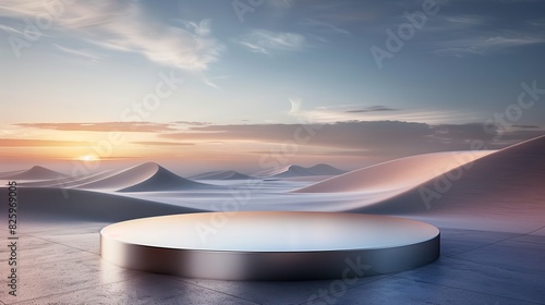 Futuristic Landscape: A Sculptural Mirror in a Desert-like Environment at Sunset