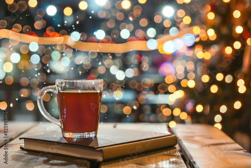 Warm cup of tea on book with festive bokeh lights in background, evoking cozy holiday mood