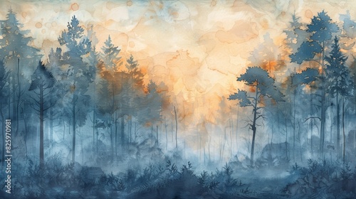 A serene watercolor painting of a foggy forest at dawn, featuring tall trees and a misty landscape with a soft, warm sunrise.