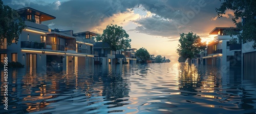 Urban Street Flood at Twilight: A row of modern townhouses along a flooded urban street, with streetlights casting reflections in the water under a dusky sky.