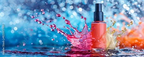 Artistic composition of a nail polish bottle with a splash effect, promoting vibrant colors and creativity