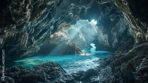 a hidden sea cave, its entrance framed by jagged rocks and illuminated by shafts of sunlight