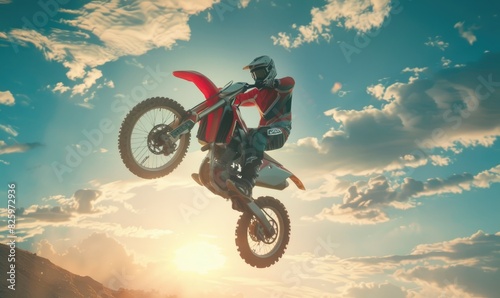 MX freestyle motocross biker in full gear performs a trick in the air at sunset