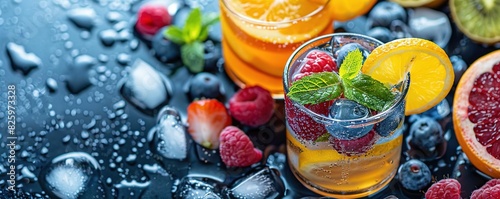 Summer drinks, Refreshing summer drink with berries, citrus, and ice.