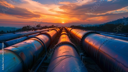 Large industrial pipelines stretch across a rural area, with a vivid sunset casting warm light over the scene.