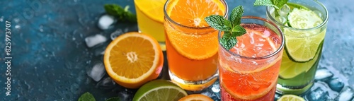 Summer drinks, Close-up of refreshing citrus drinks with fresh fruit and ice.