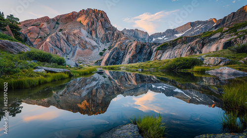 a serene scene of fold mountains with a mirror-like lake reflecting the rugged landscape