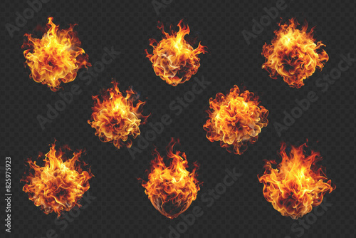 Collection fire. Set fire vector abstract on a transparent background.