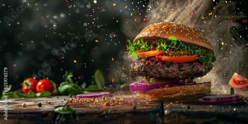 Gourmet Beef Burger With Fresh Vegetables on Rustic Wooden Table at Night