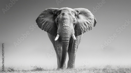 Powerful black and white image of a lone elephant in the savannah, emphasizing texture and deep emotion. Generative ai