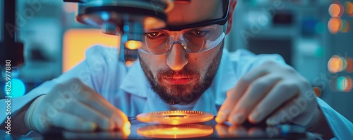 A technician examining a semiconductor wafer under a microscope, with the wafers reflective surface catching the light
