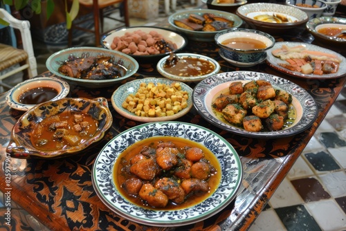 une table avec des plats orientaux et tunisien. --ar 3:2 --style raw --stylize 0 --weird 3000 Job ID: baa9e7ce-c3c7-482b-8968-99d4db6f7747