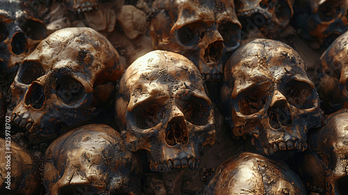 Human skulls piled up, mass grave, death and genocide concept