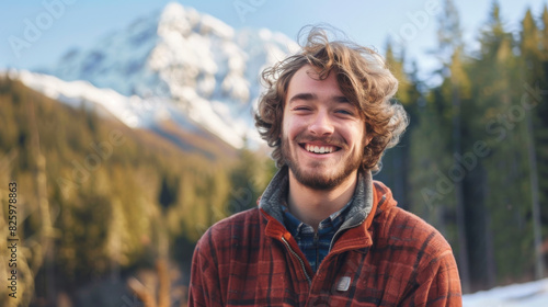 Portrait of a young man in his 20s enjoying a winter outdoor trip to the mountains with caucasian male in front a snowy mountain