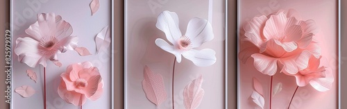 A set of three framed, elegant floral posters, intricate paper cut design, soft pastel colors, delicate flower patterns, minimalistic white frames