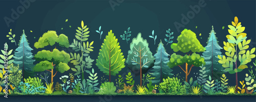 Green tree border. Forest foliage and coniferous plants. Flat cartoon illustration vector