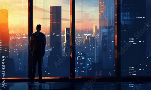 A CEO standing by the window, looking out over the city skyline