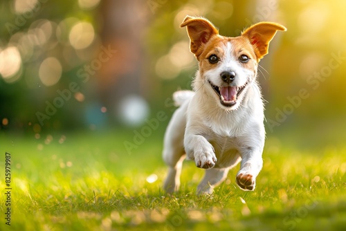 A lively Jack Russell terrier dog is captured dashing towards the camera across a lush green lawn. The dog's expression reveals a sense of excitement and exuberance.