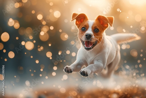 A lively Jack Russell terrier dog is captured dashing towards the camera across a lush green lawn. The dog's expression reveals a sense of excitement and exuberance.