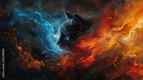 Black cat in waves of fire. Abstract illustration of a burning black cat. Sparks, waves, blurs, brush strokes.