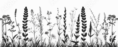 Wild herb, flowers and grass hand drawn in doodle style. vector simple illustration