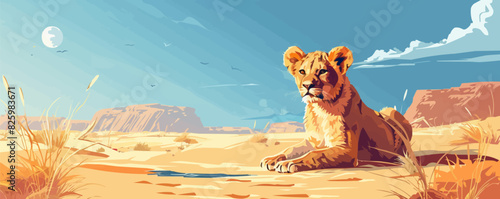 Lion cub in the desert near a waterhole. vector simple illustration