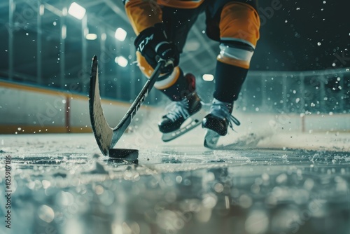 Close-up of a skilled ice hockey player training on stadium ice during an intense practice session