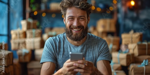 A happy young man sits indoors, using his phone for online business, embodying modern entrepreneurship