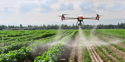 A drone flying over a field of crops, spraying fertilizer in a lush, green agricultural landscape. Ideal for themes of modern farming, technology in agriculture, and crop management.