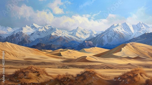 View of sand dune and snow capped mountains