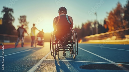 A para-athlete in a wheelchair racing on a track, showcasing determination and competitive spirit. This image captures the intensity and athletic prowess of wheelchair racing in an inclusive sports en