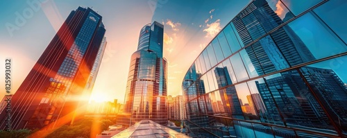 Stunning urban skyline at sunset with skyscrapers and reflective glass buildings, showcasing city architecture and vibrant colors.