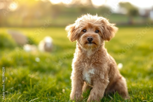 An adorable dog is captured looking up at the camera with wide, expressive eyes full of curiosity and affection. The background is softly blurred.