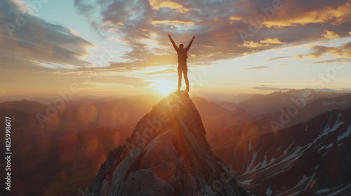Victorious hiker celebrates success atop a mountain at sunset.