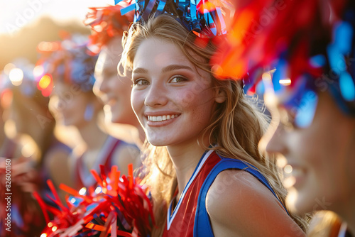 Smiling cheerleader at outdoor event with pom-poms in sunlight