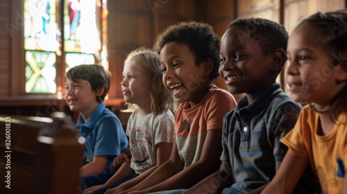A group of diverse children laughing joyously together in a warm classroom environment.
