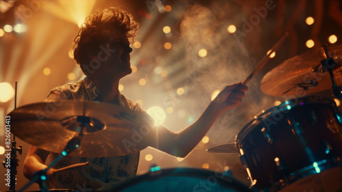 Intense drummer in action during a live music performance.