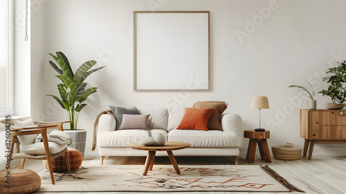 Minimalistic interior room design with a neat White sofa with cushions against white wall with a picture frame in the middle