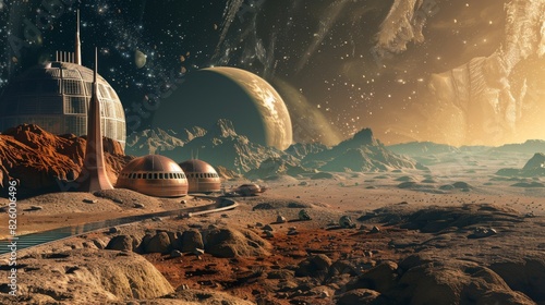 futuristic space habitat or colony on the distant exoplanet with advanced life support systems