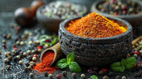 spices and spices on a black background. AI generate illustration